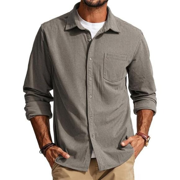 Men's Button Down Shirt Texture Wrinkle Free Shirts Long Sleeve - Picture 7 of 7